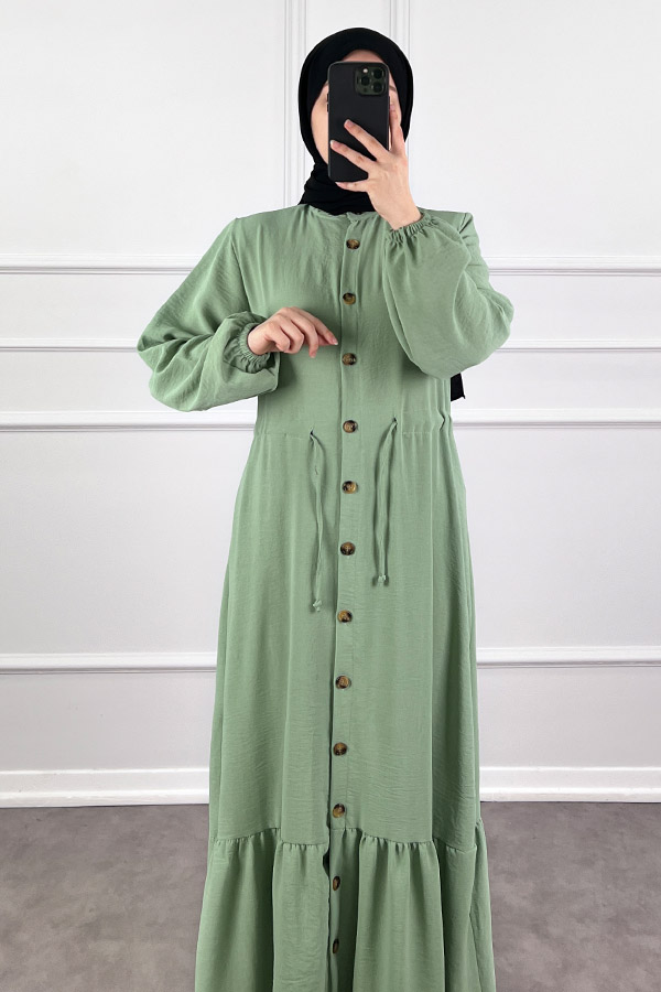 Düğmeli Bağlamalı Ferace Elbise - Su Yeşili Düğmeli Bağlamalı Ferace Elbise - Su Yeşili