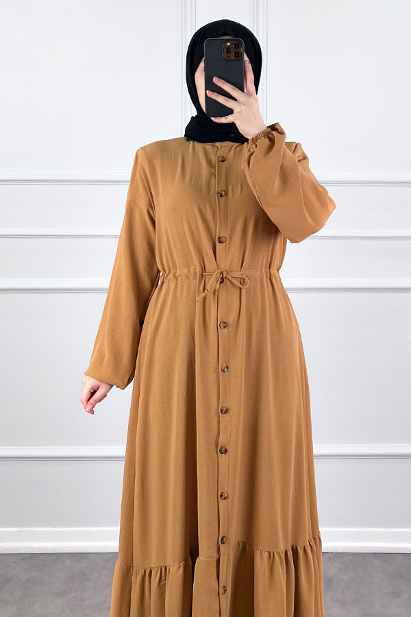 Düğmeli Bağlamalı Ferace Elbise - Vizon