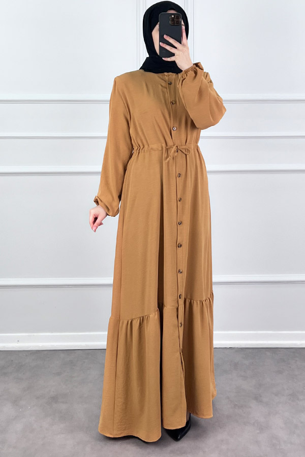 Düğmeli Bağlamalı Ferace Elbise - Vizon