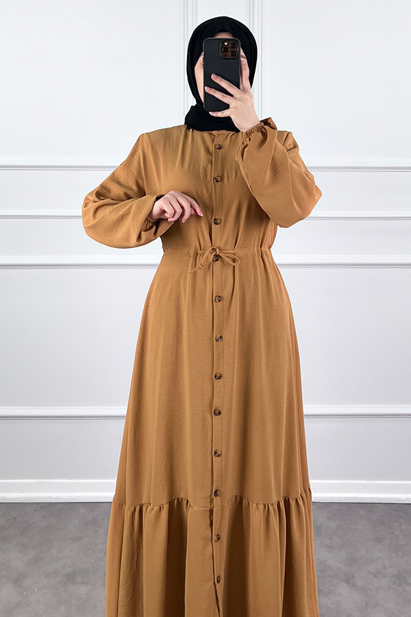 Düğmeli Bağlamalı Ferace Elbise - Vizon