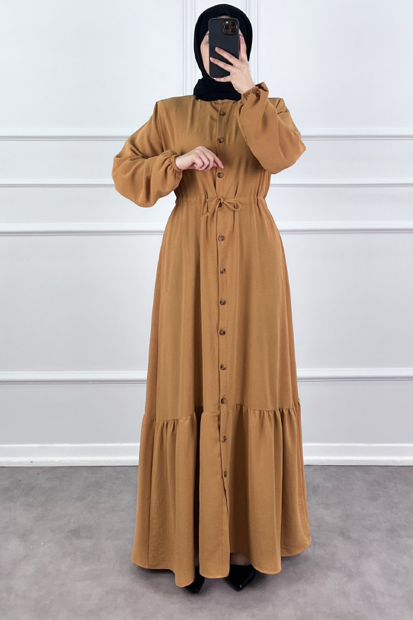 Düğmeli Bağlamalı Ferace Elbise - Vizon