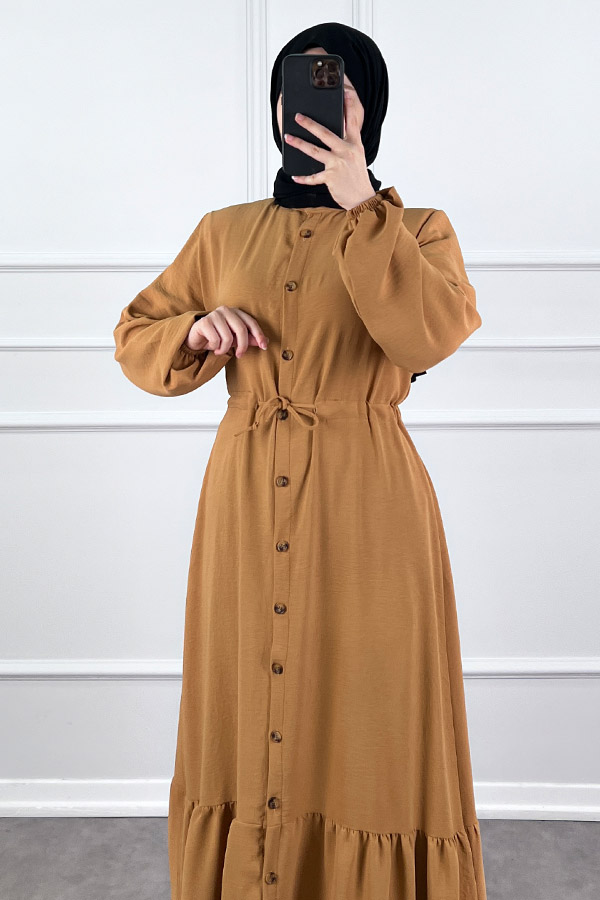 Düğmeli Bağlamalı Ferace Elbise - Vizon