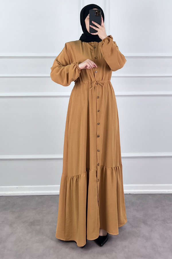 Düğmeli Bağlamalı Ferace Elbise - Vizon