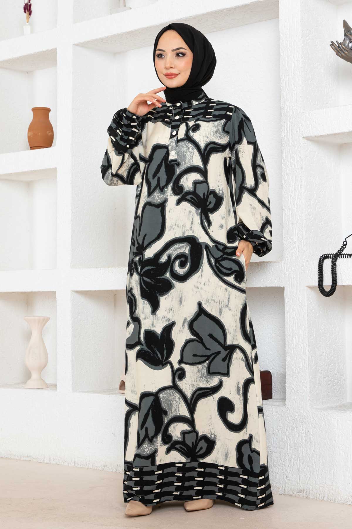 Düğmeli Çiçek Desenli Elbise - Füme