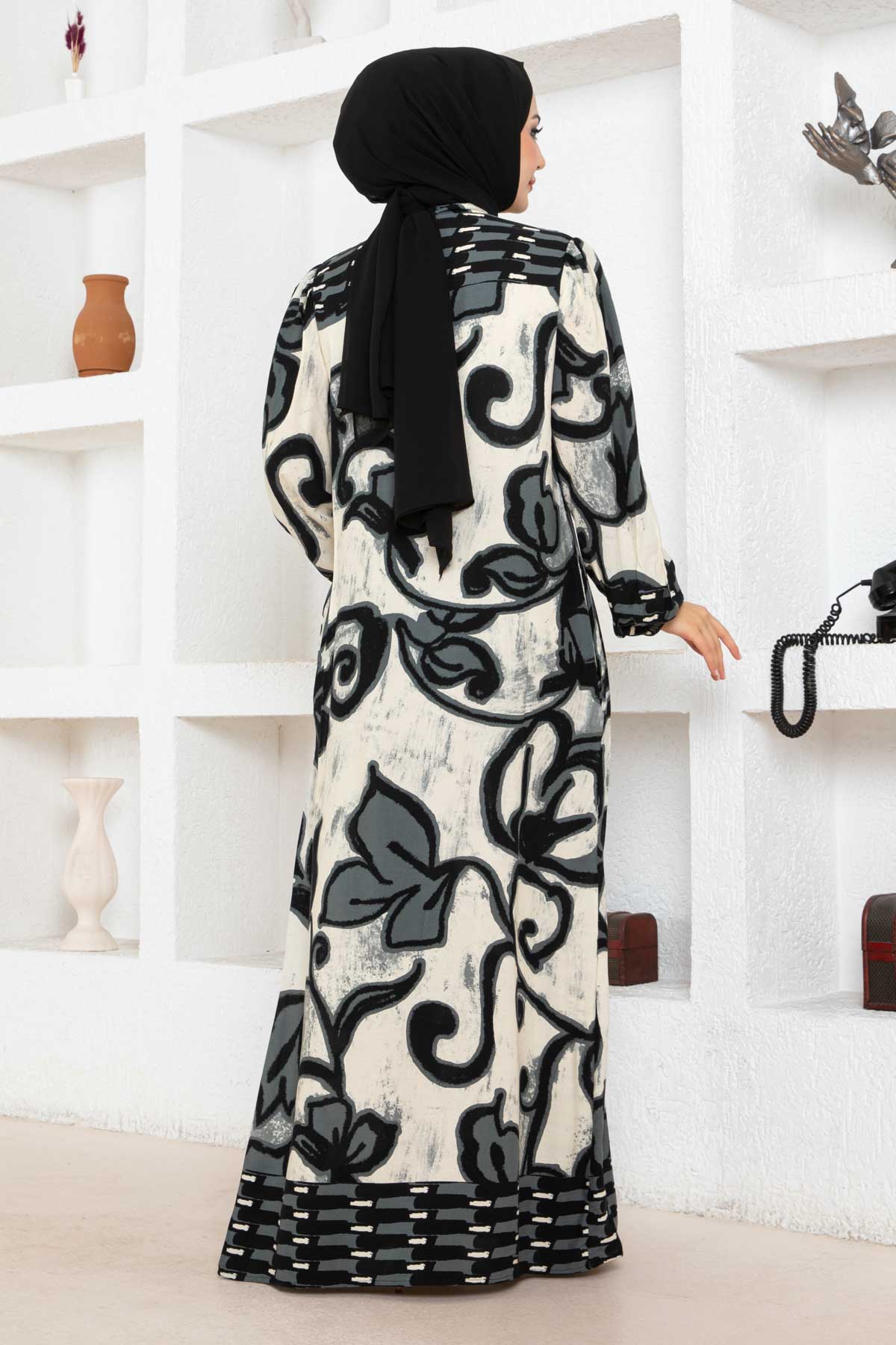 Düğmeli Çiçek Desenli Elbise - Füme