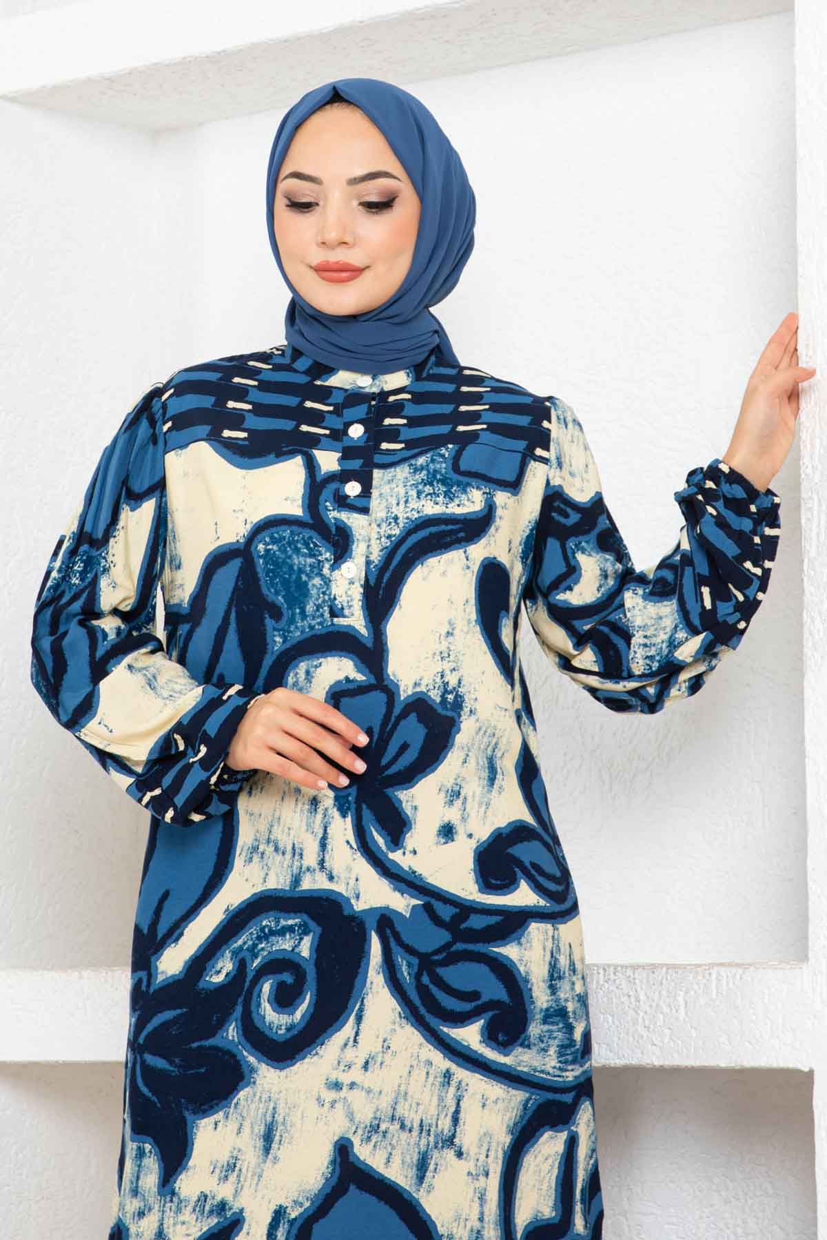 Düğmeli Çiçek Desenli Elbise - Mavi
