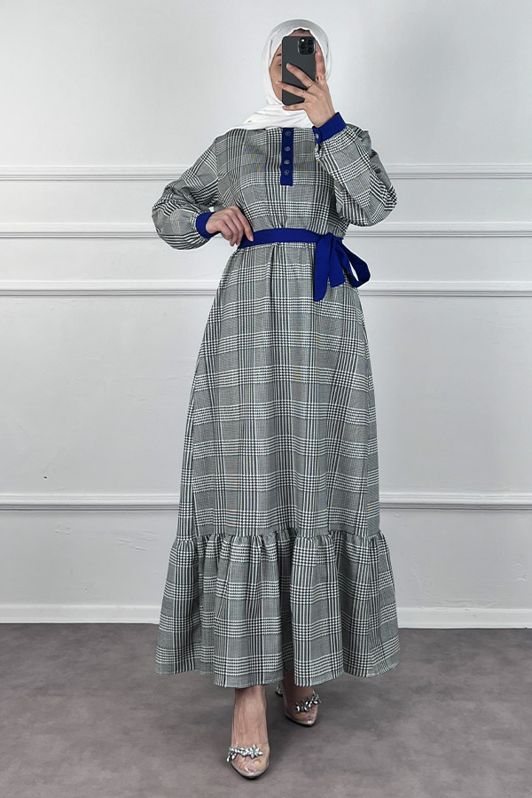 Düğmeli Double Kumaş Elbise - Mavi