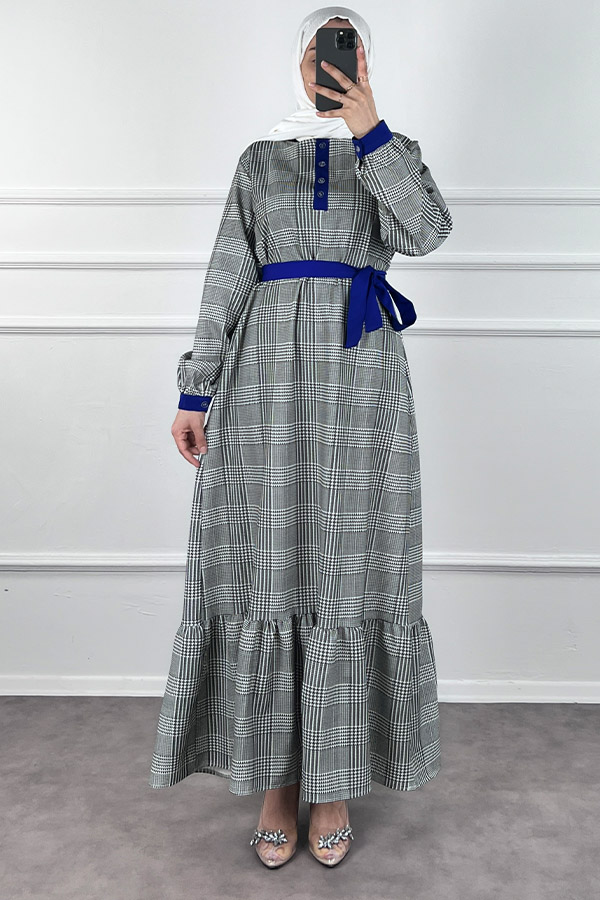 Düğmeli Double Kumaş Elbise - Mavi