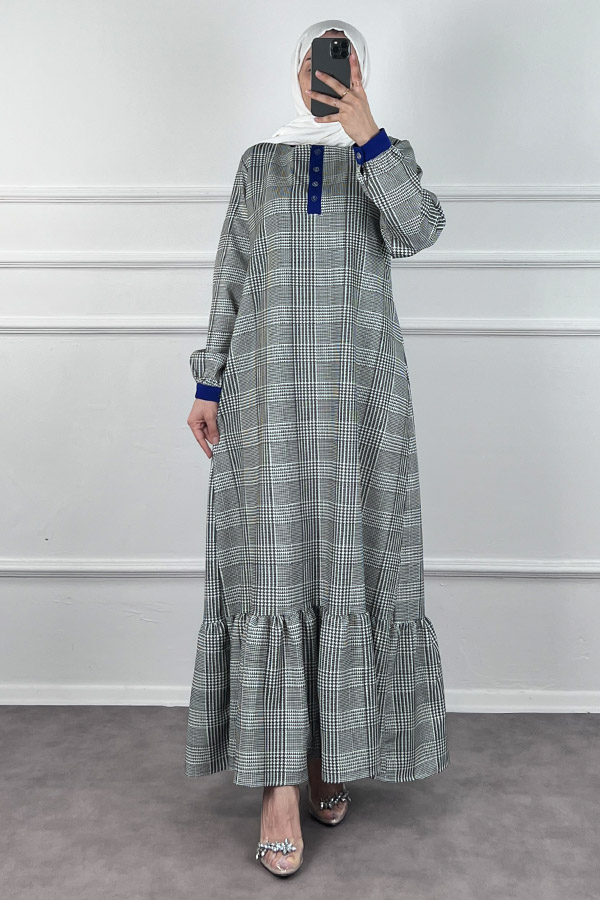 Düğmeli Double Kumaş Elbise - Mavi