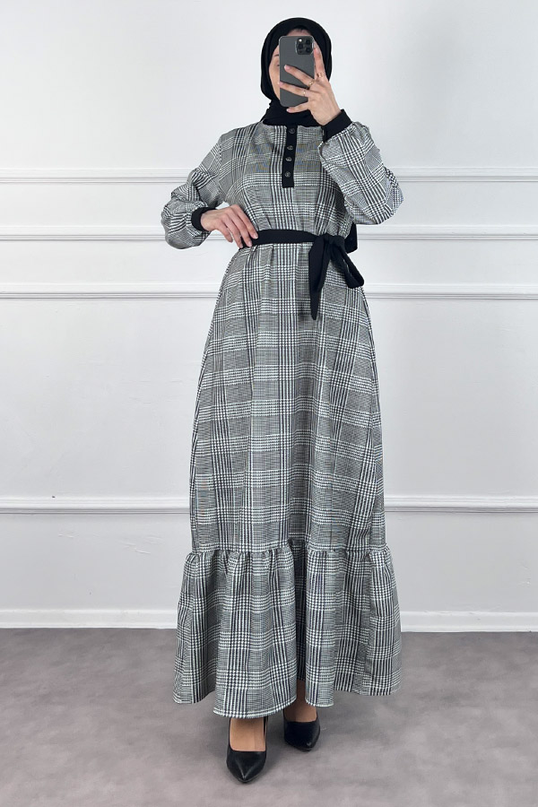 Düğmeli Double Kumaş Elbise - Siyah