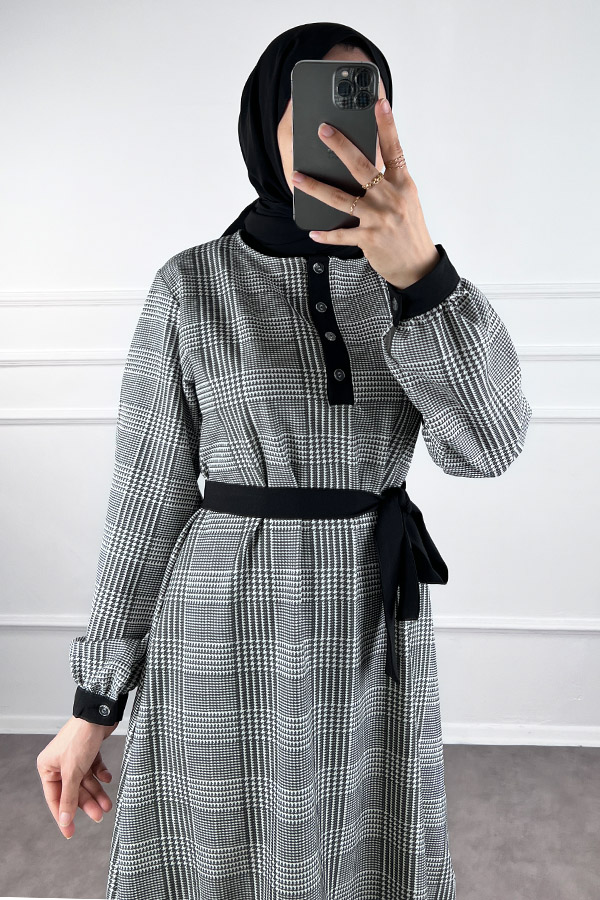 Düğmeli Double Kumaş Elbise - Siyah