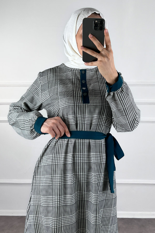 Düğmeli Double Kumaş Elbise - Yeşil