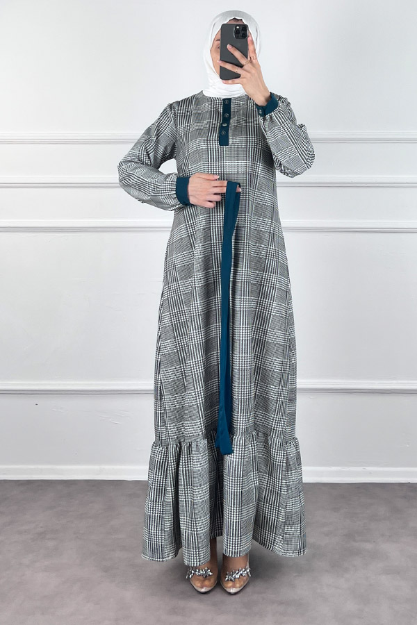 Düğmeli Double Kumaş Elbise - Yeşil