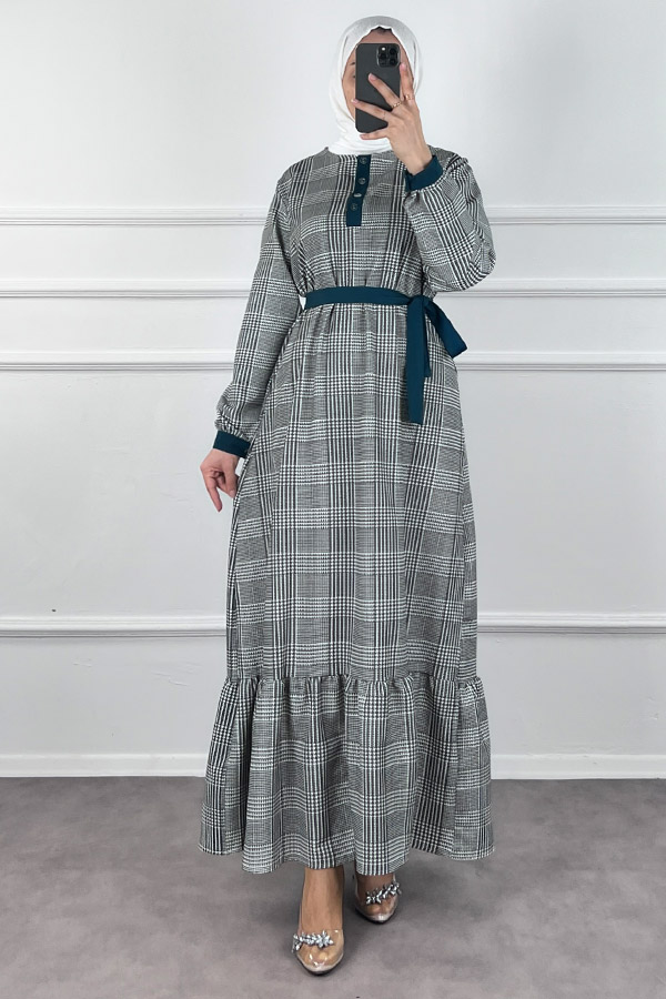 Düğmeli Double Kumaş Elbise - Yeşil