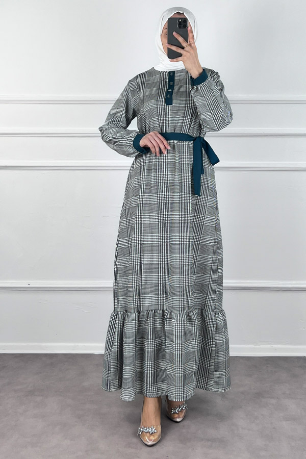 Düğmeli Double Kumaş Elbise - Yeşil