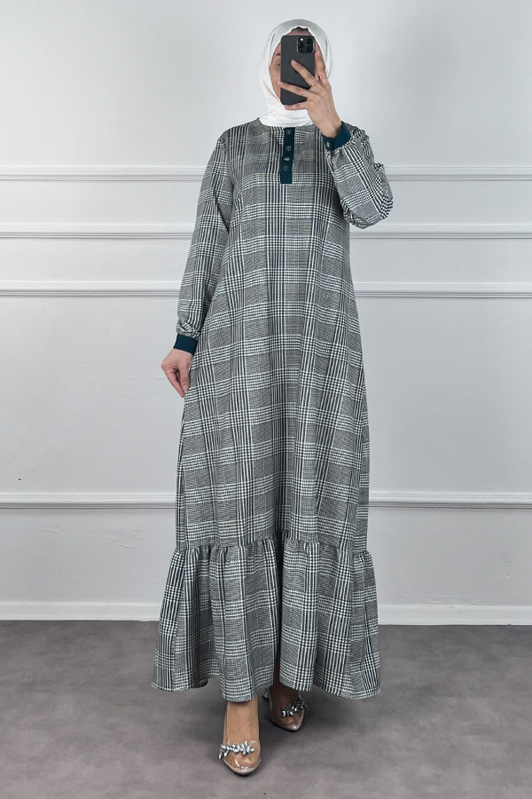 Düğmeli Double Kumaş Elbise - Yeşil