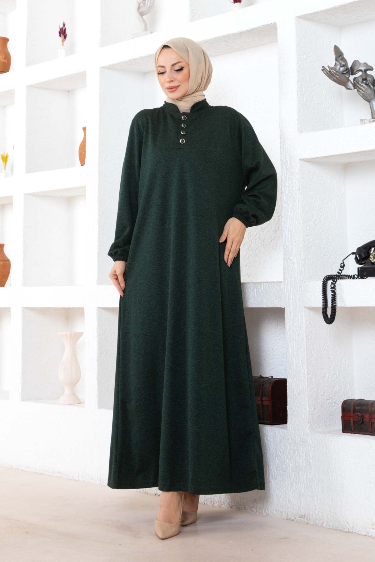 Düğmeli Ecrin Elbise - Haki