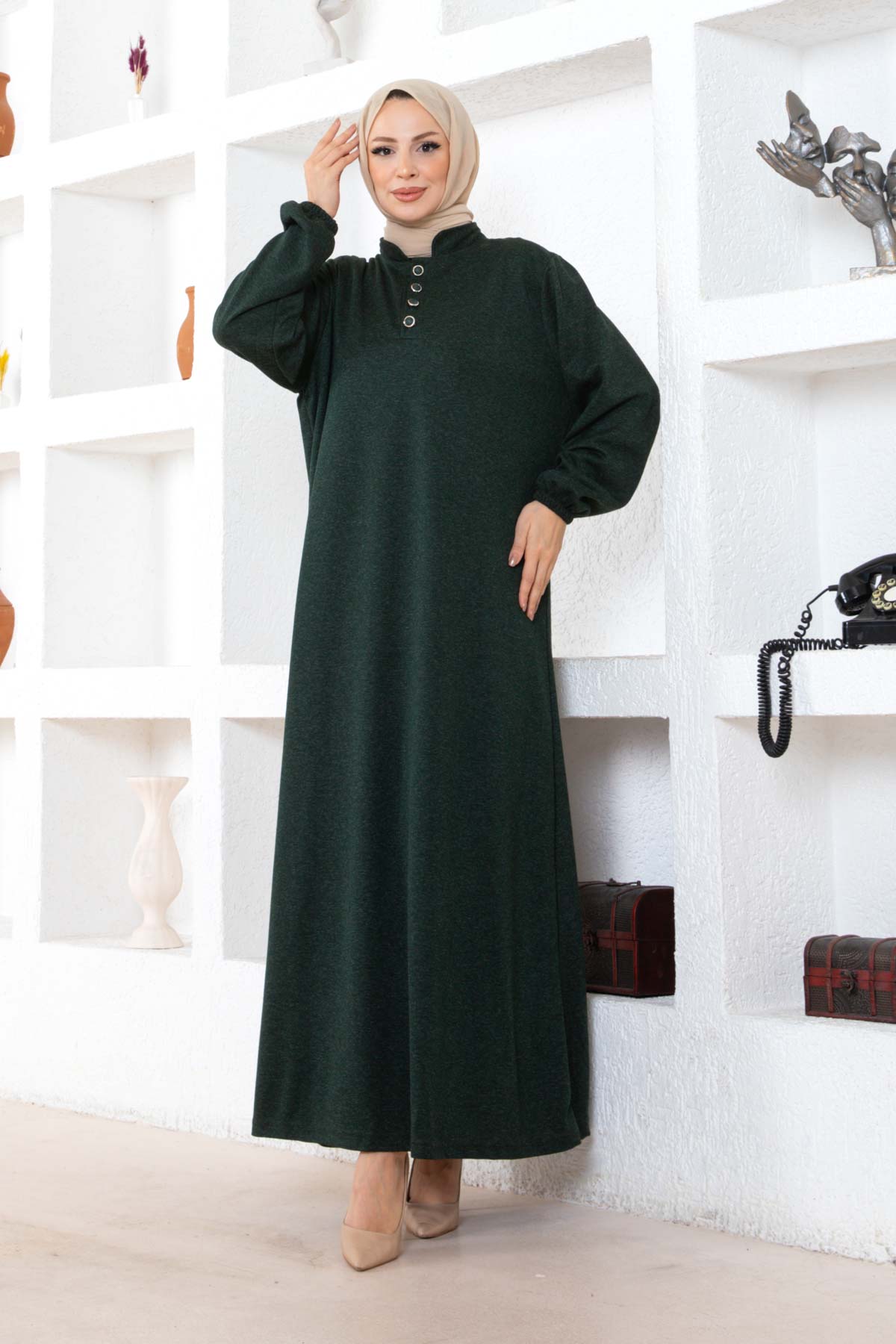 Düğmeli Ecrin Elbise - Haki