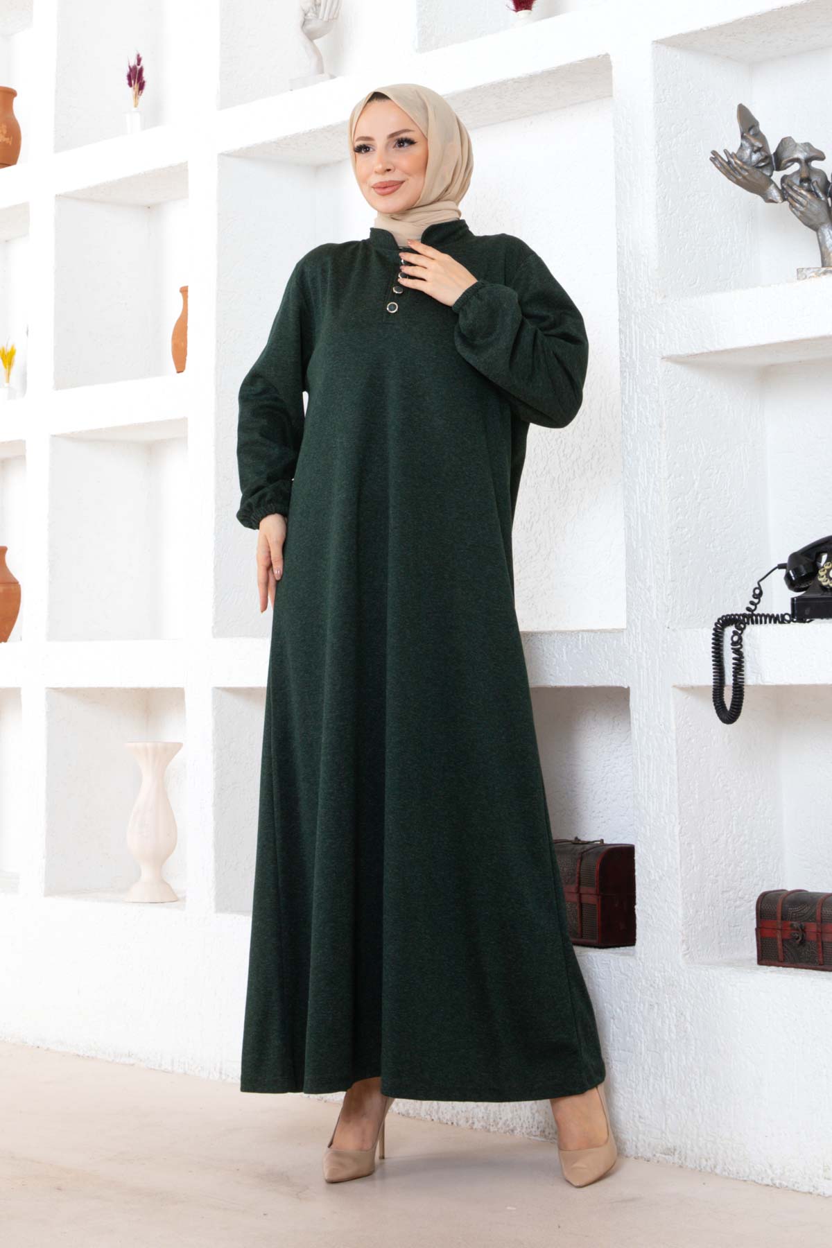 Düğmeli Ecrin Elbise - Haki