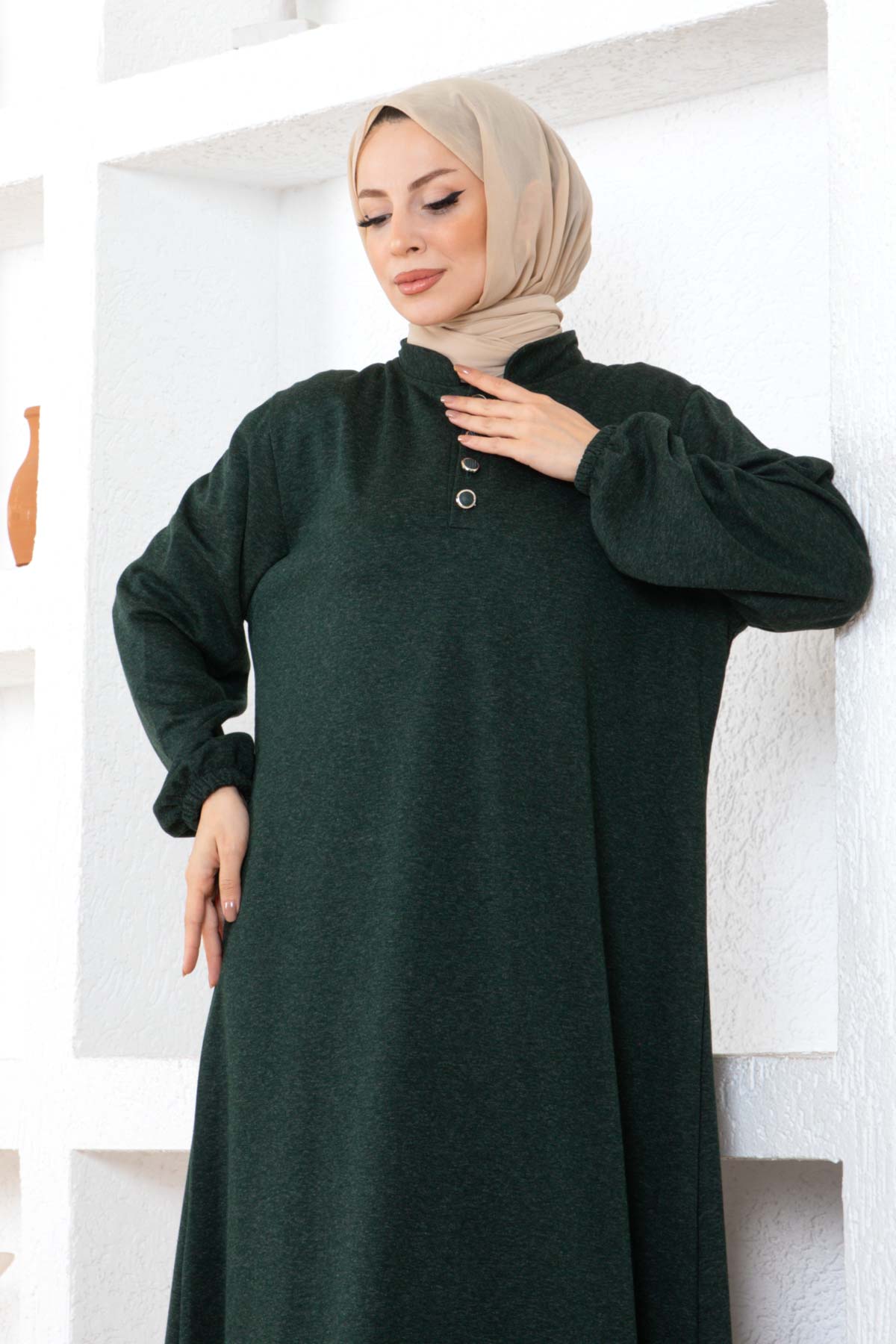 Düğmeli Ecrin Elbise - Haki