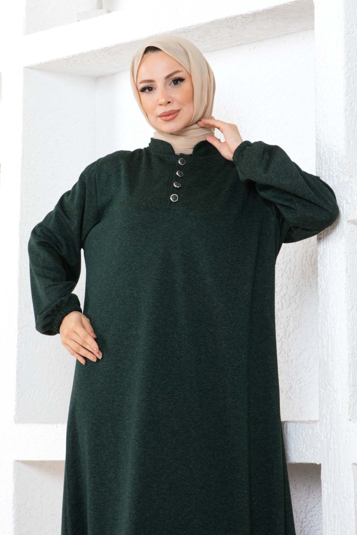 Düğmeli Ecrin Elbise - Haki