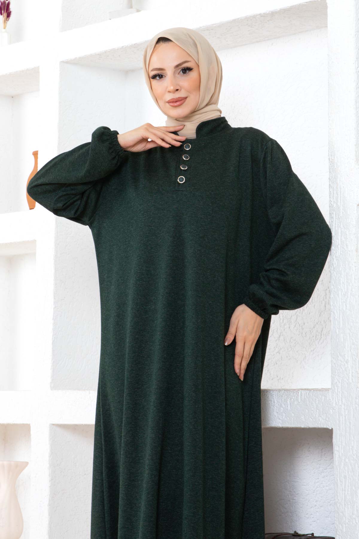 Düğmeli Ecrin Elbise - Haki