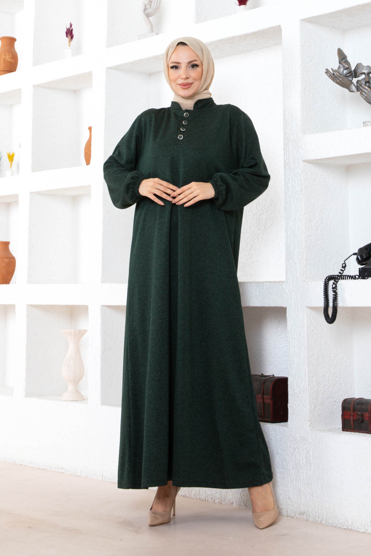 Düğmeli Ecrin Elbise - Haki