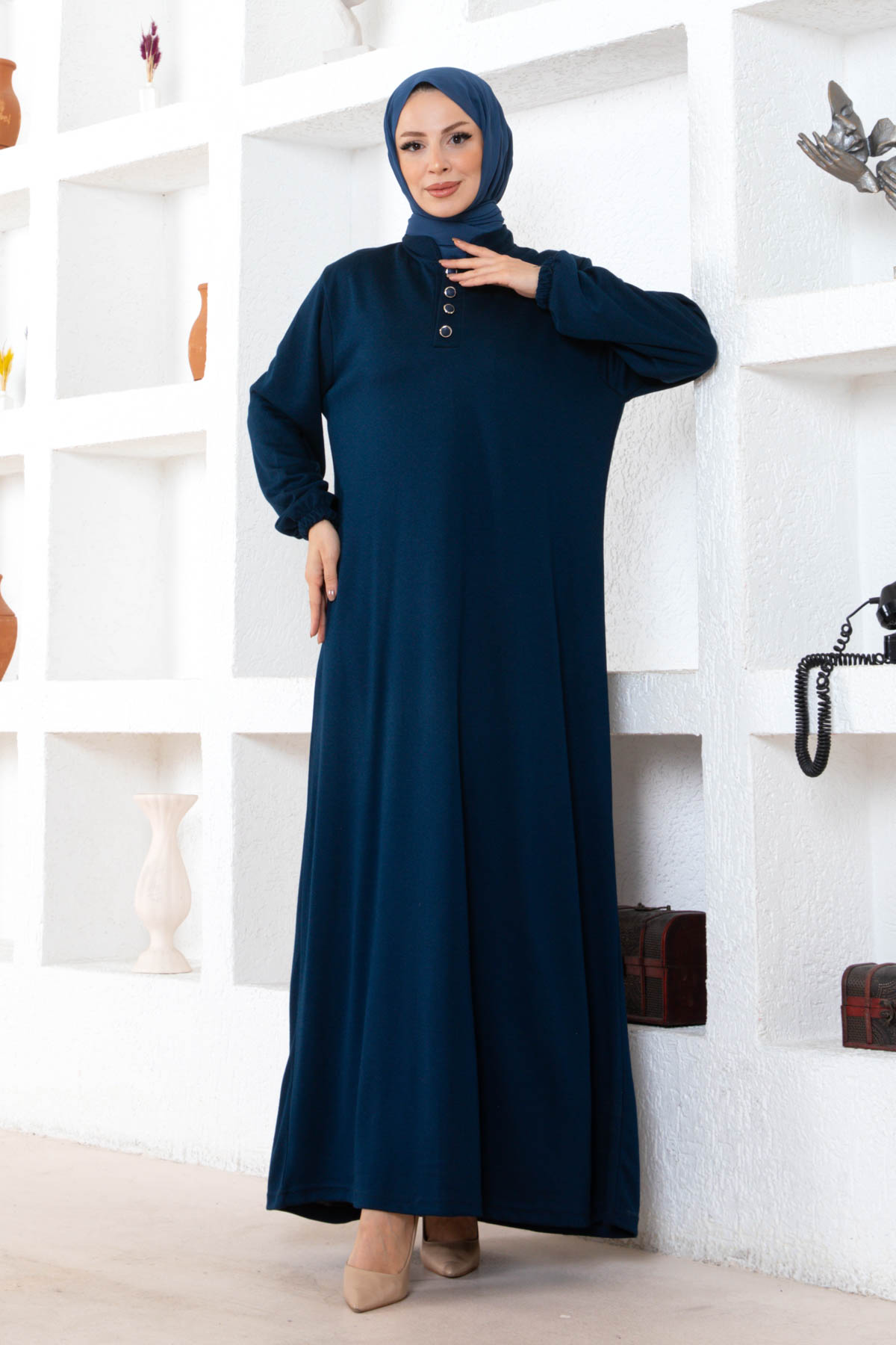 Düğmeli Ecrin Elbise - Lacivert