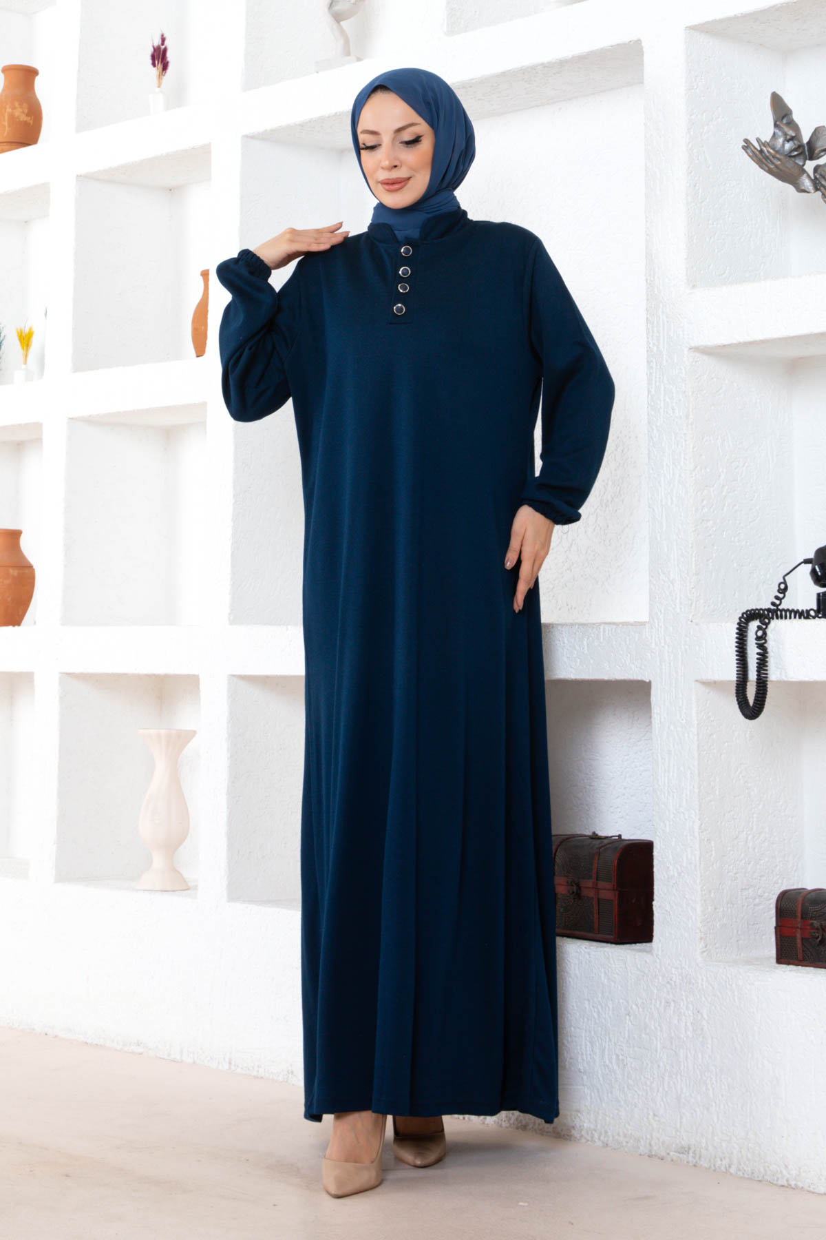Düğmeli Ecrin Elbise - Lacivert