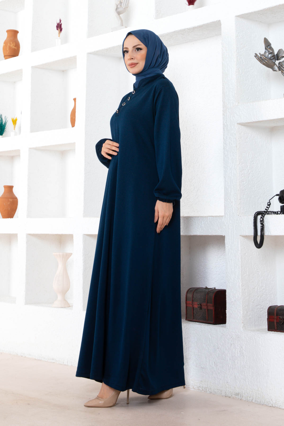 Düğmeli Ecrin Elbise - Lacivert