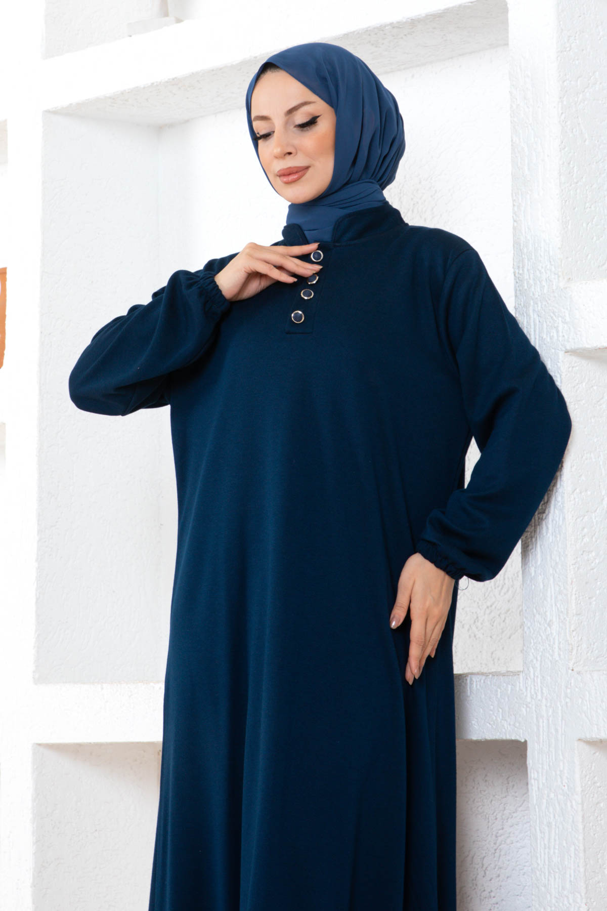 Düğmeli Ecrin Elbise - Lacivert