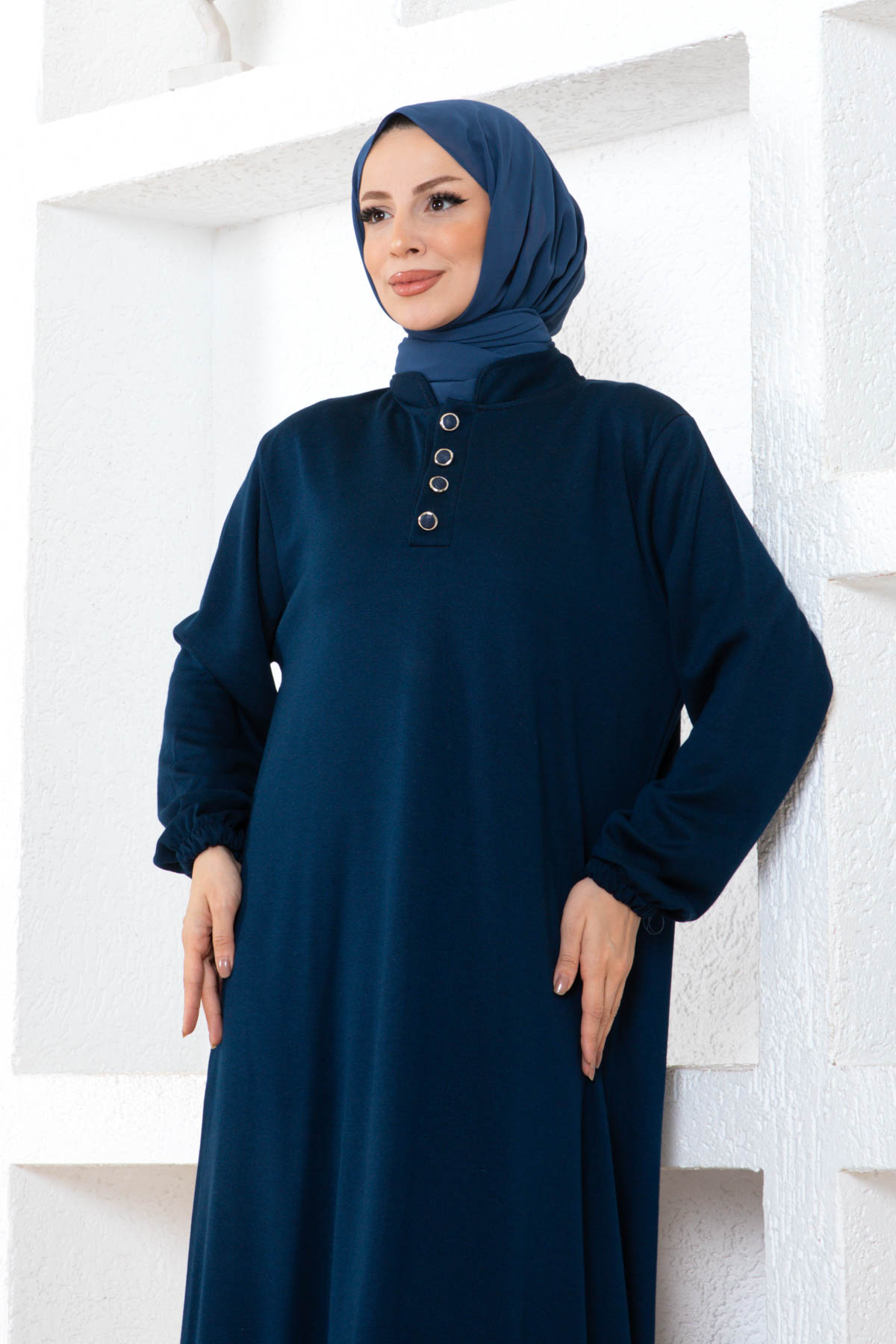 Düğmeli Ecrin Elbise - Lacivert