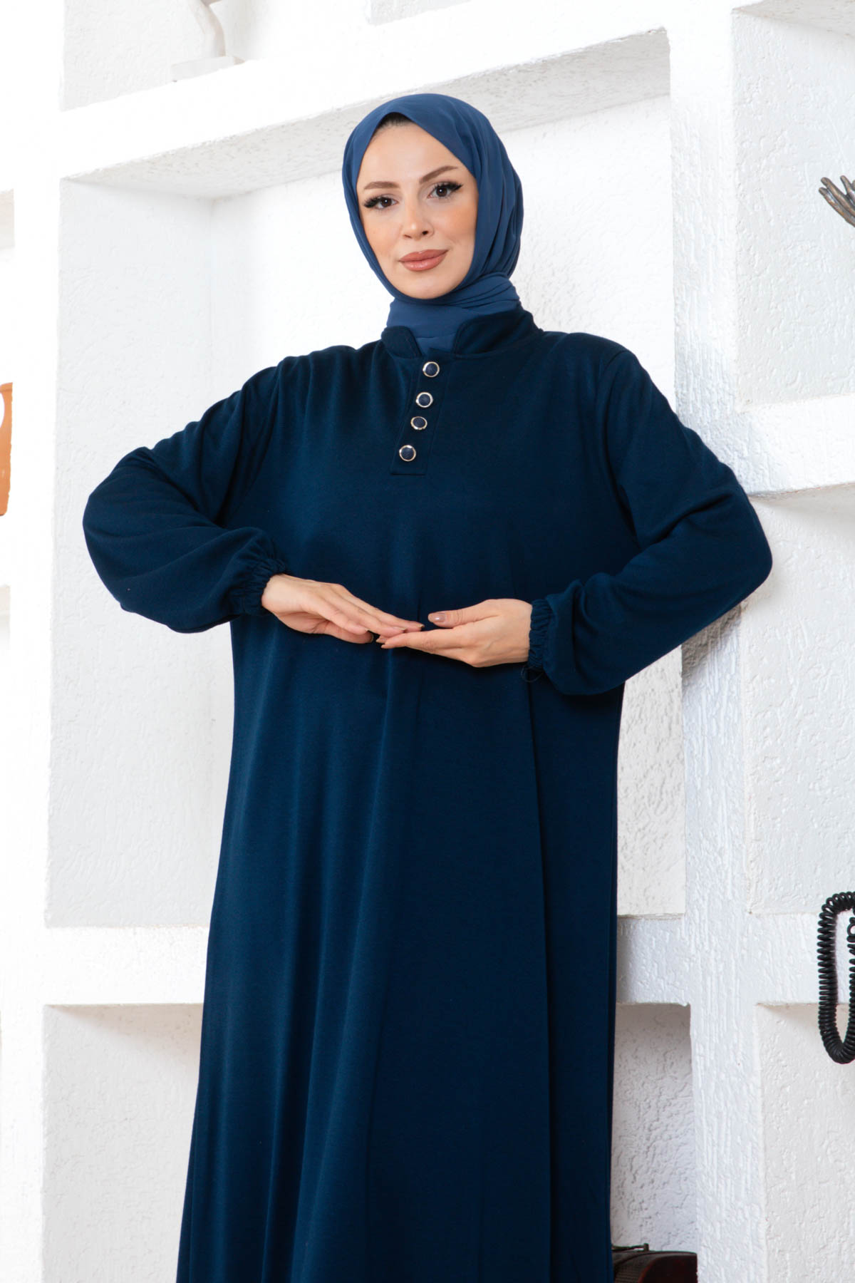 Düğmeli Ecrin Elbise - Lacivert