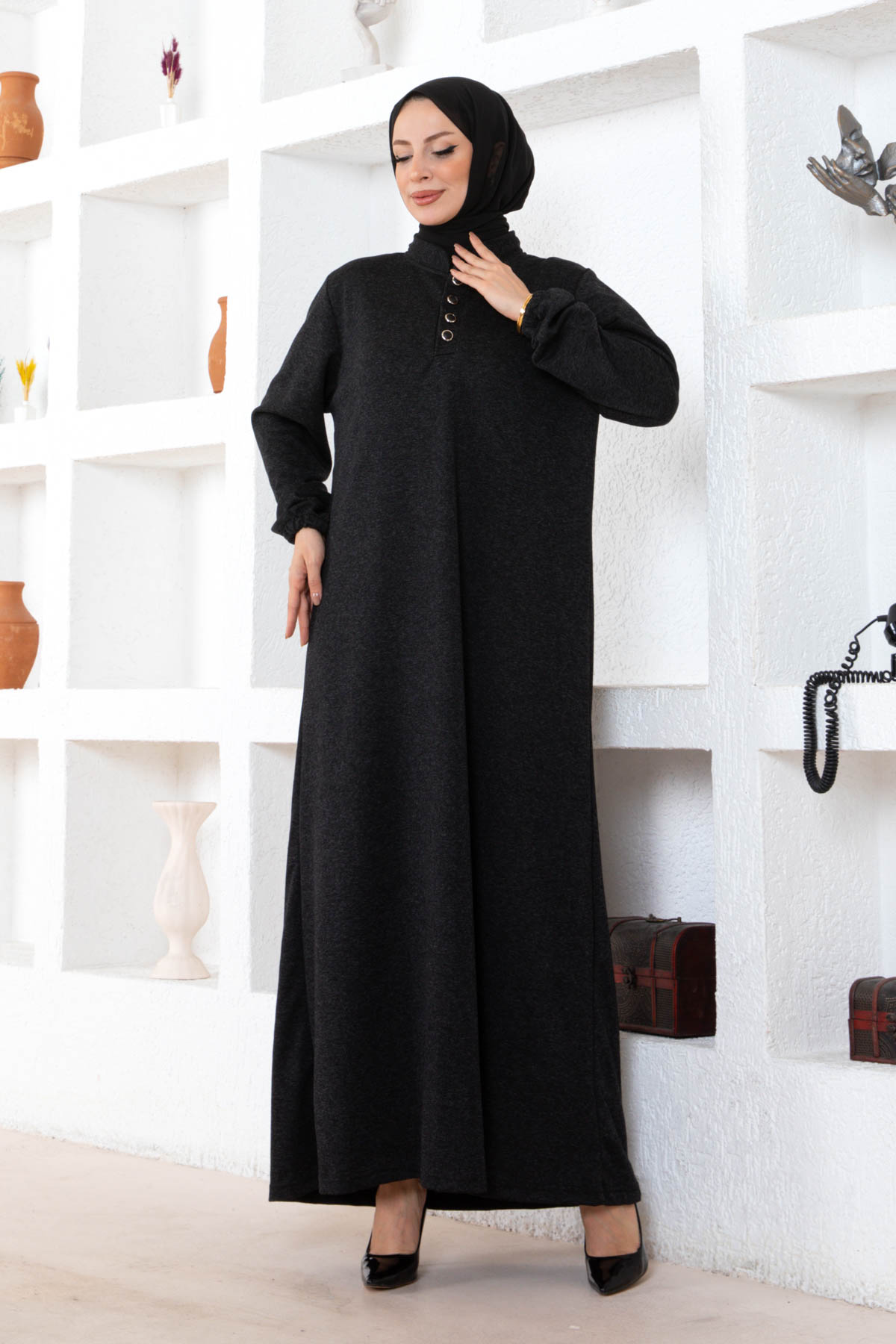 Düğmeli Ecrin Elbise - Siyah