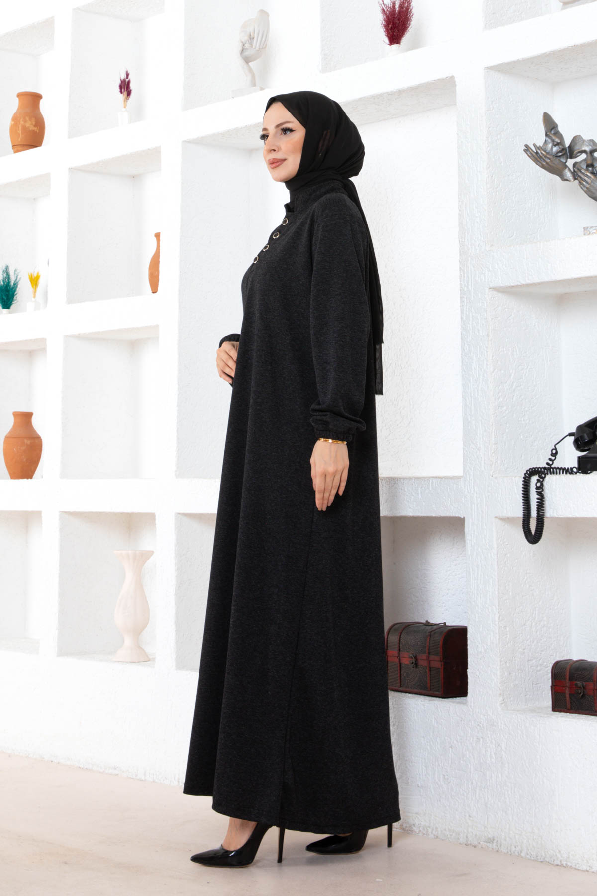 Düğmeli Ecrin Elbise - Siyah