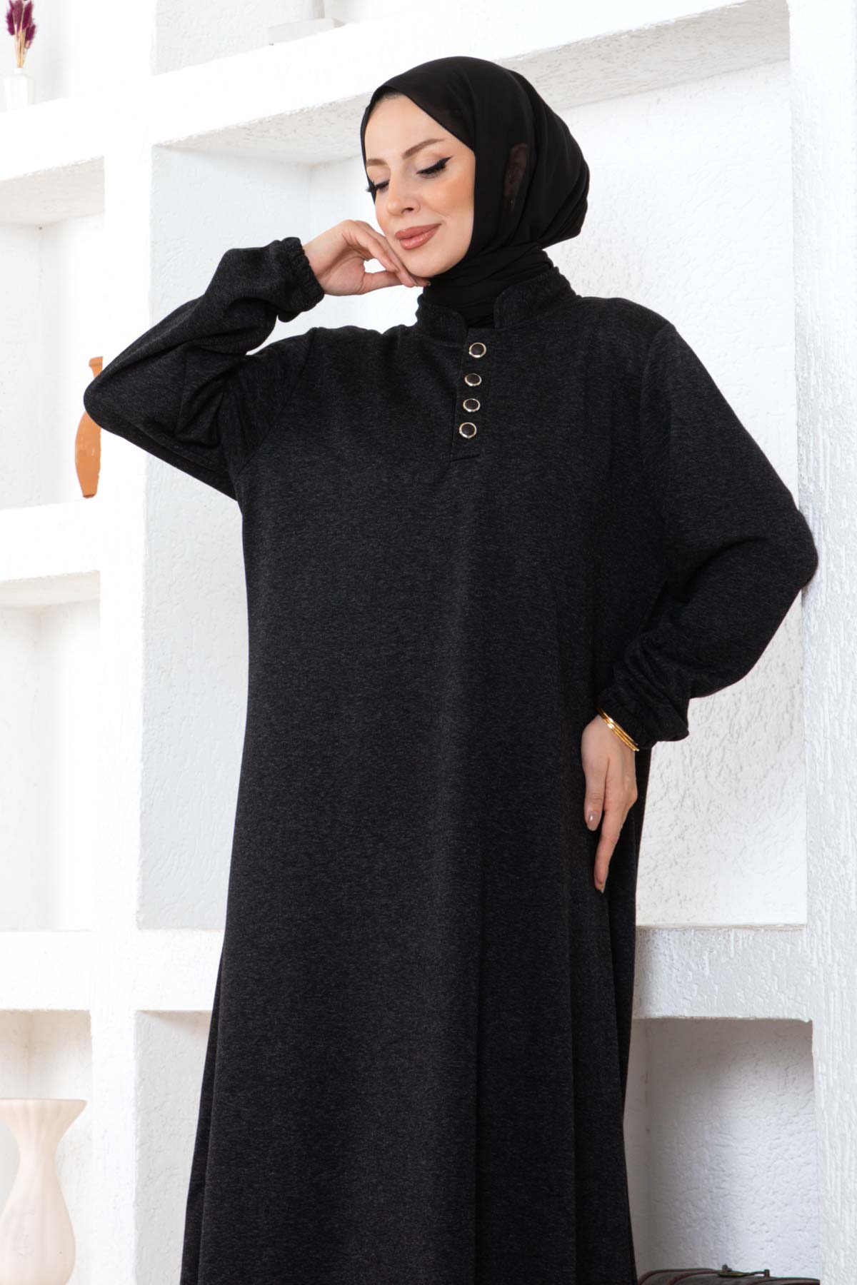 Düğmeli Ecrin Elbise - Siyah