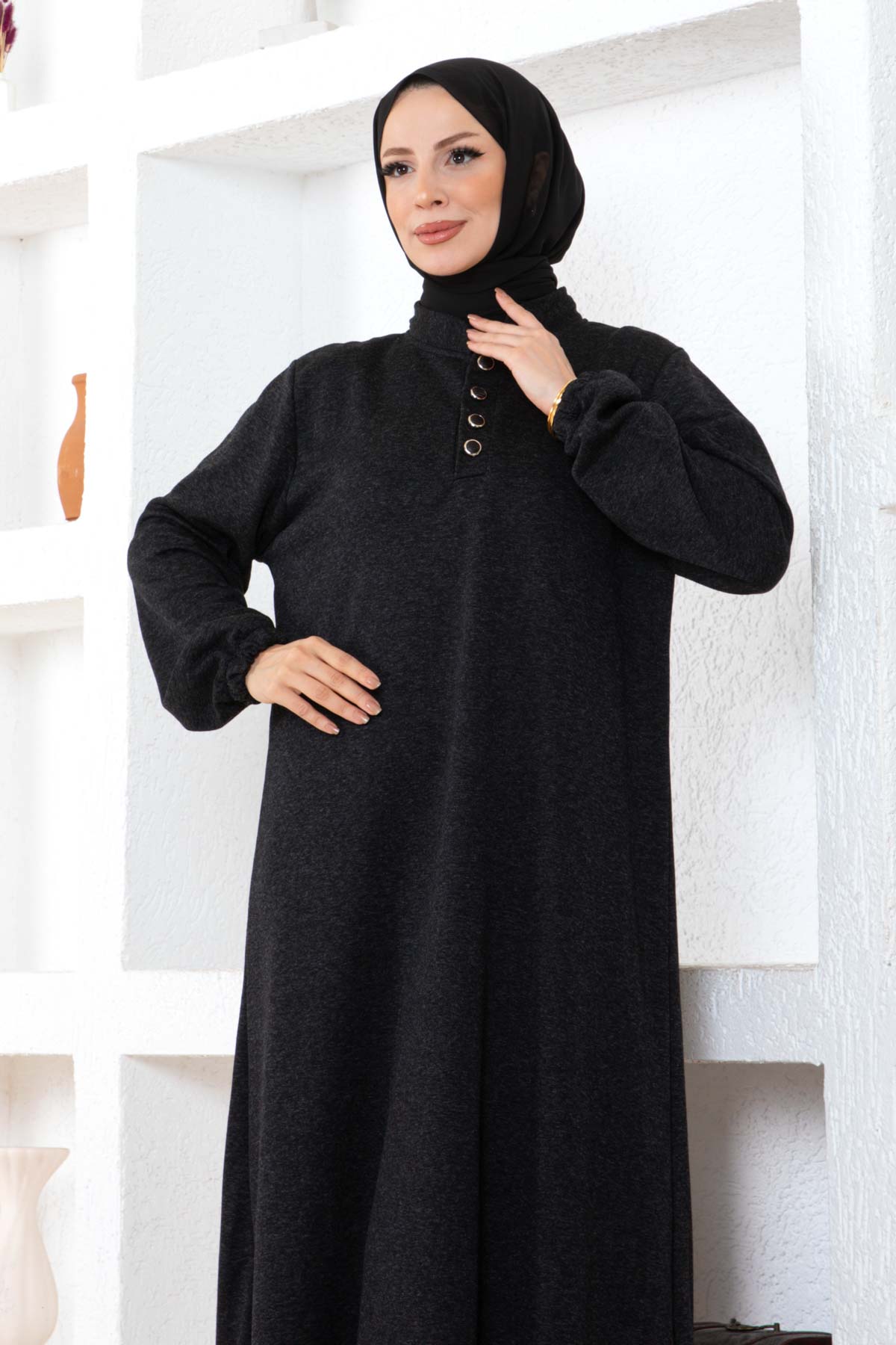 Düğmeli Ecrin Elbise - Siyah