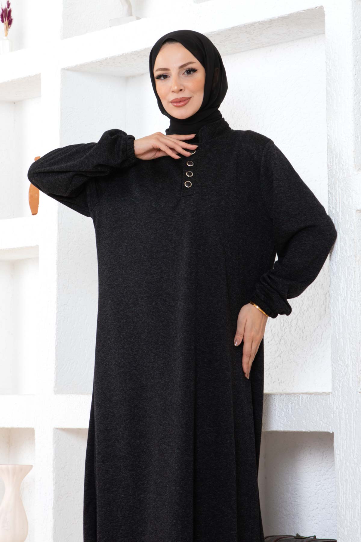 Düğmeli Ecrin Elbise - Siyah