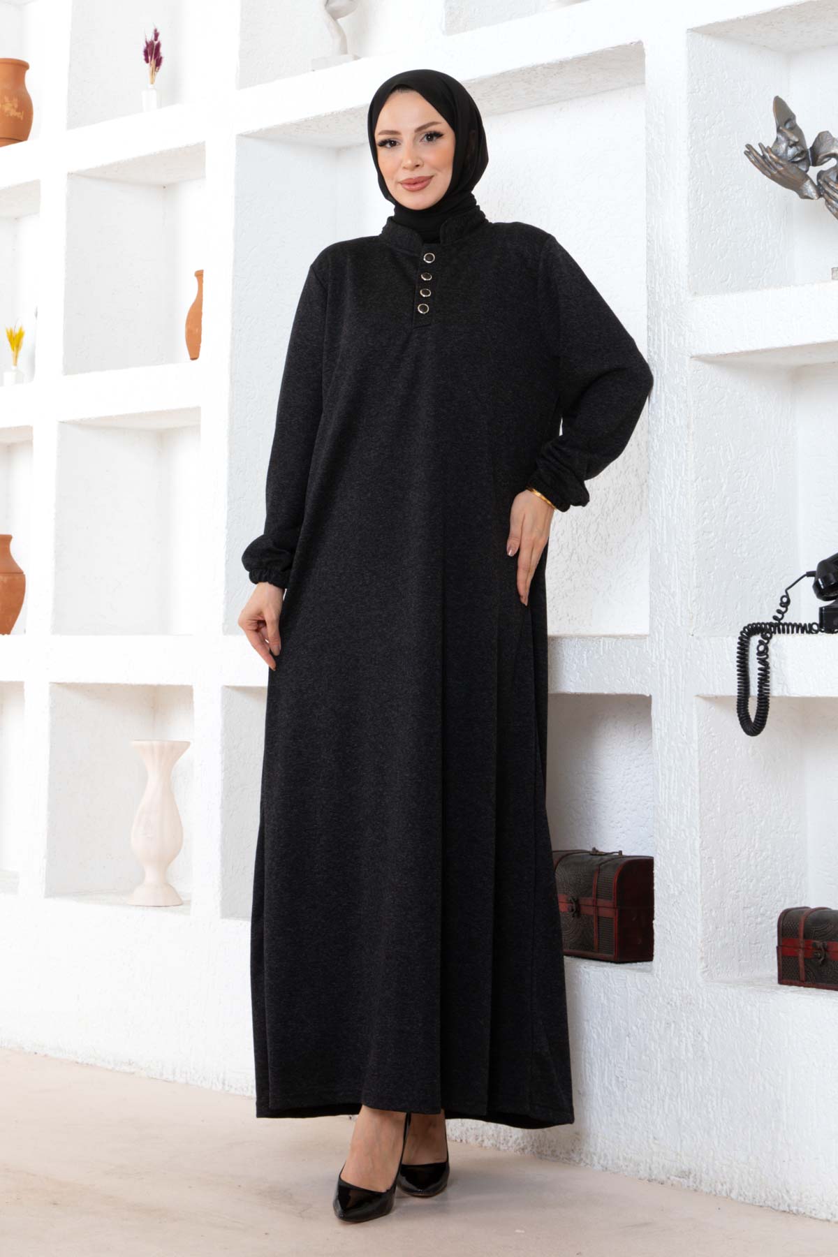 Düğmeli Ecrin Elbise - Siyah