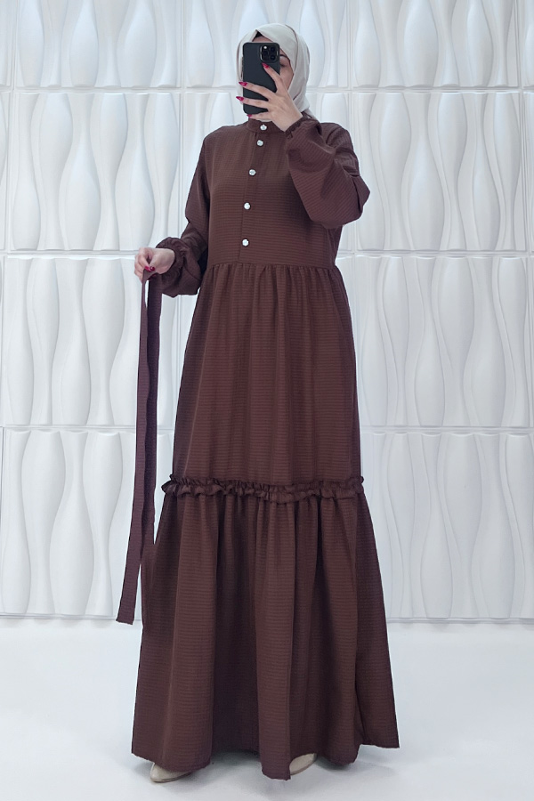 Düğmeli Fırfır Detaylı Elbise - Kahverengi