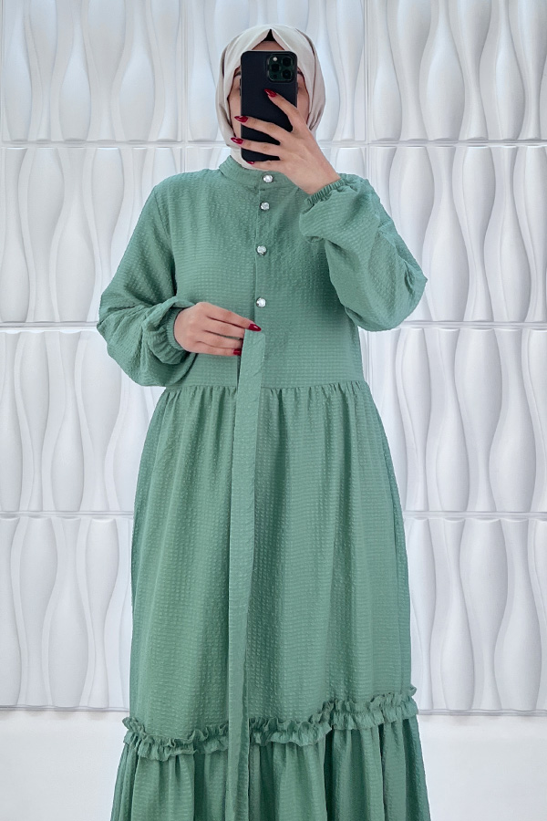 Düğmeli Fırfır Detaylı Elbise - Mint