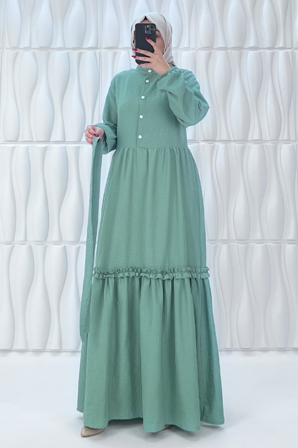 Düğmeli Fırfır Detaylı Elbise - Mint