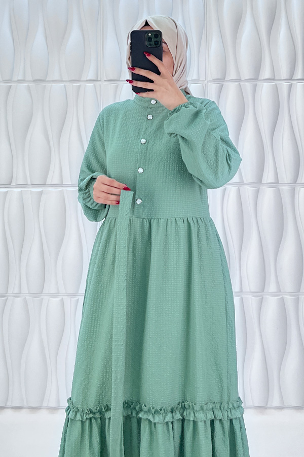 Düğmeli Fırfır Detaylı Elbise - Mint
