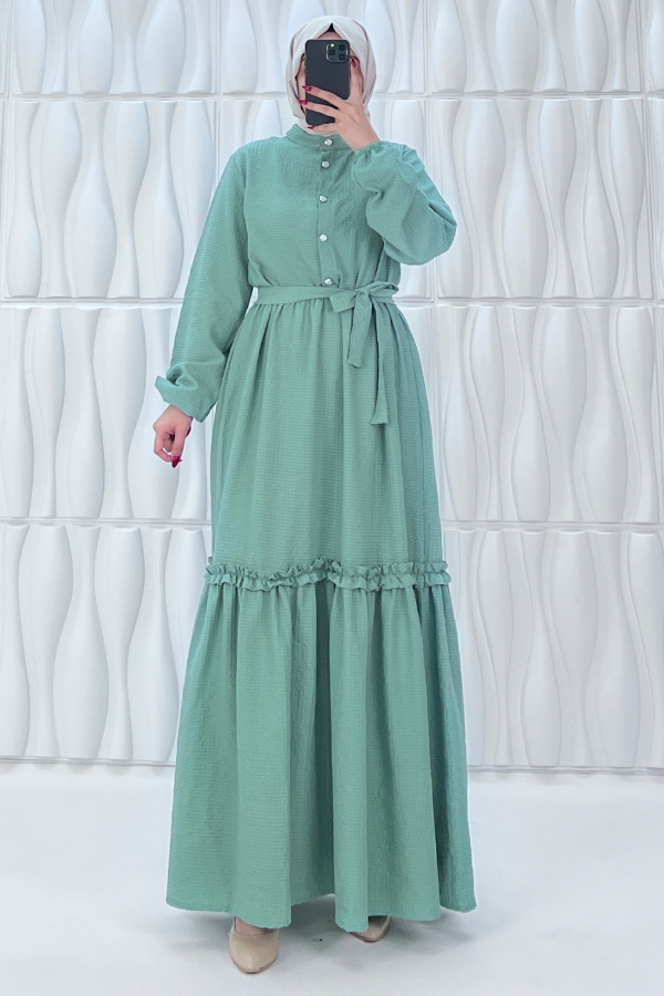 Düğmeli Fırfır Detaylı Elbise - Mint