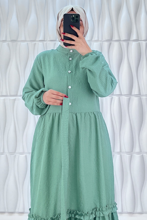 Düğmeli Fırfır Detaylı Elbise - Mint