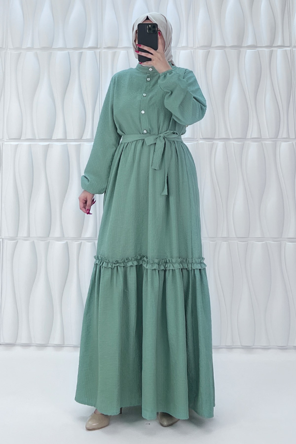 Düğmeli Fırfır Detaylı Elbise - Mint