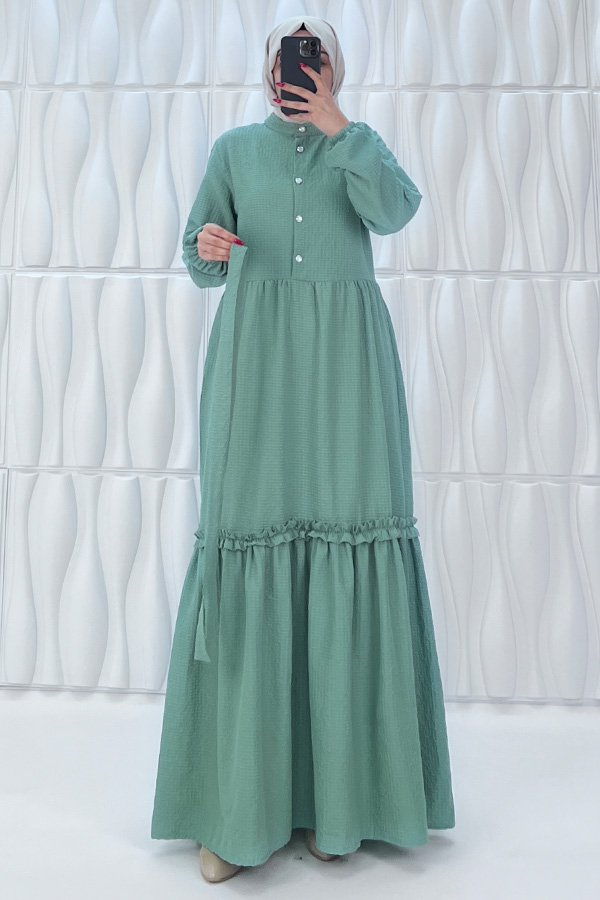 Düğmeli Fırfır Detaylı Elbise - Mint