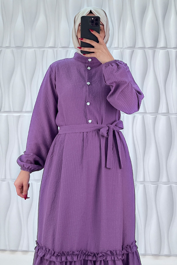 Düğmeli Fırfır Detaylı Elbise - Mor