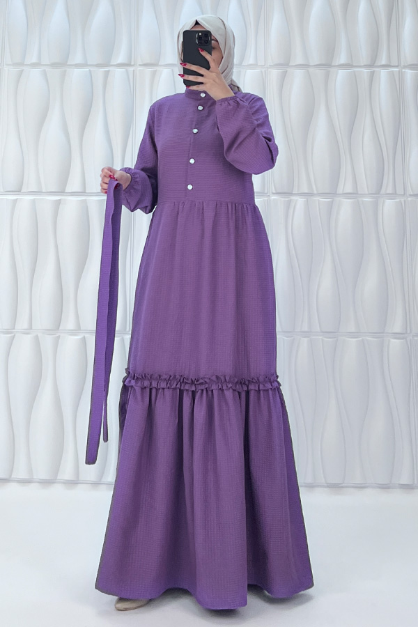 Düğmeli Fırfır Detaylı Elbise - Mor
