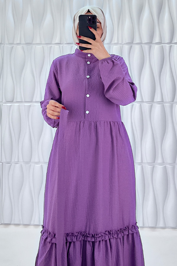 Düğmeli Fırfır Detaylı Elbise - Mor